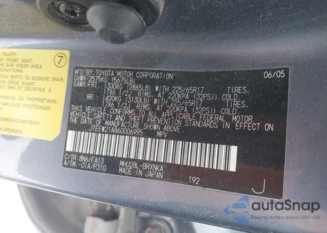 2006 Toyota Highlander Hybrid V6 z USA, uszkodzony, nr VIN JTEEW21A860006995